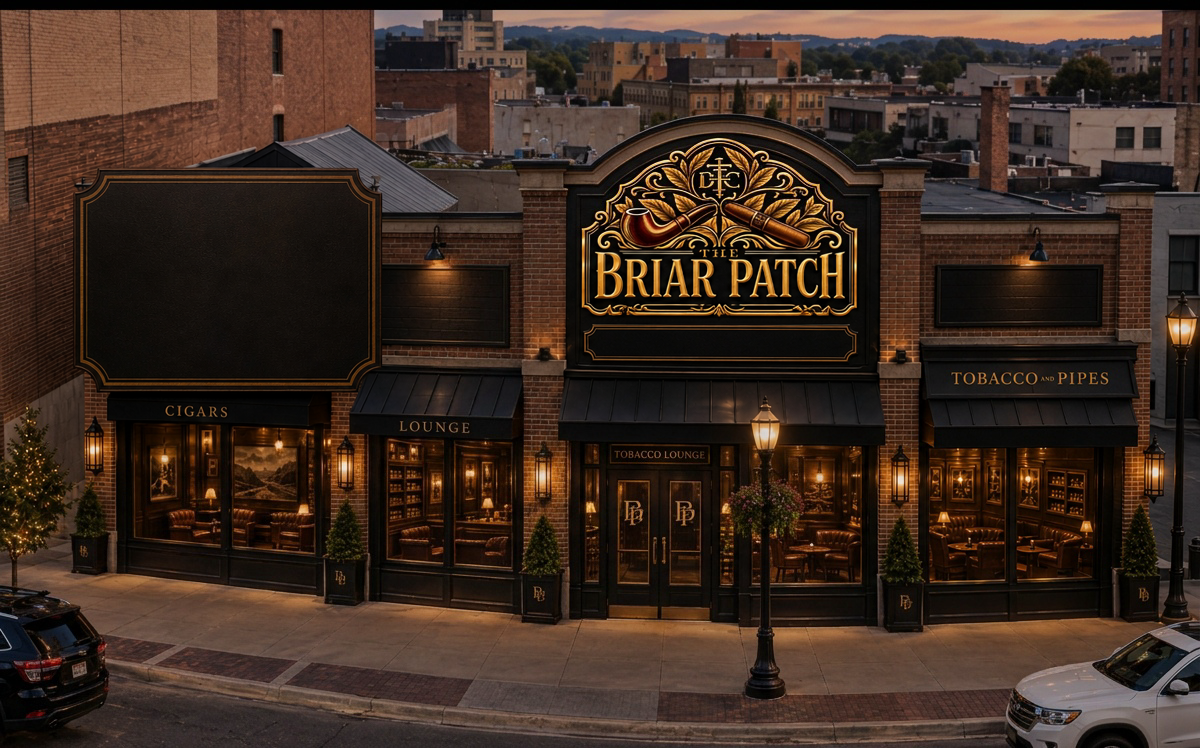 Concept rendering of the Driftless Tobacco & Trading Company storefront in downtown La Crosse at dusk